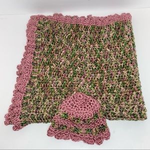 Handmade Matching Baby Green and Pink Cozy Crochet Knit  Blanket and Hat Set